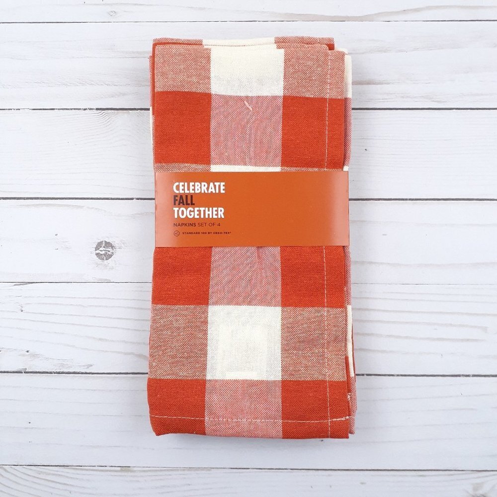 Fabric Dinner Napkins Fall Harvest Gingham Plaid 19x19 Set of 4 Orange Ivory